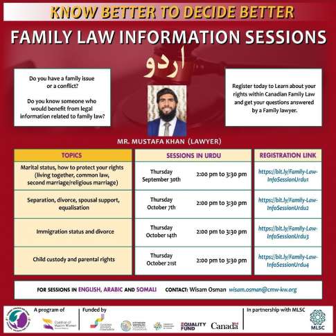 For sessions in English, Urdu and Somali please email Wisam Osman:  wisam.osman@cmw-kw.org